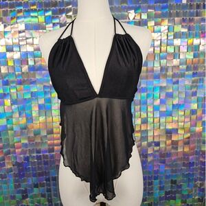 SHEIN Black Mesh Halter Top Handkerchief Hem XL US 12 Rave Clubwear‎